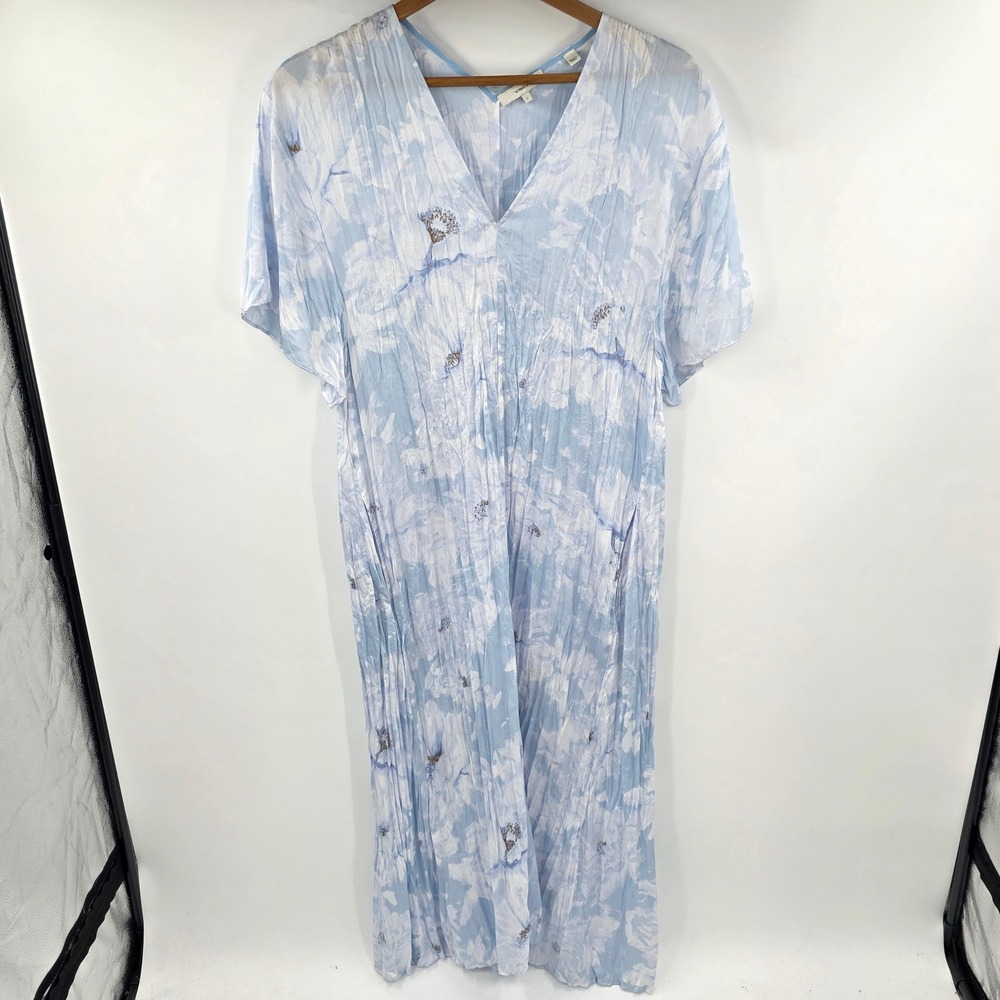 Vince Blue White Floral V-Neck Crinkled Maxi Dress Women's Large